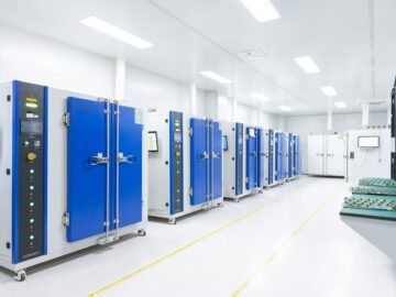 a row of blue and white lockers in a room