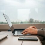a man sitting at a desk using a laptop computer