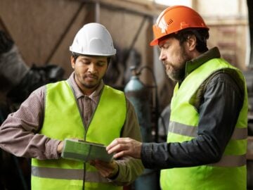 Two men wearing safety vests and hard hats