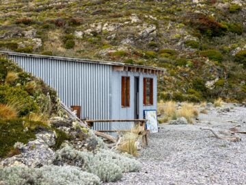 Small corrugated metal cabin in a rocky, overgrown landscape.
