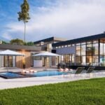 a modern house with a pool and lounge chairs