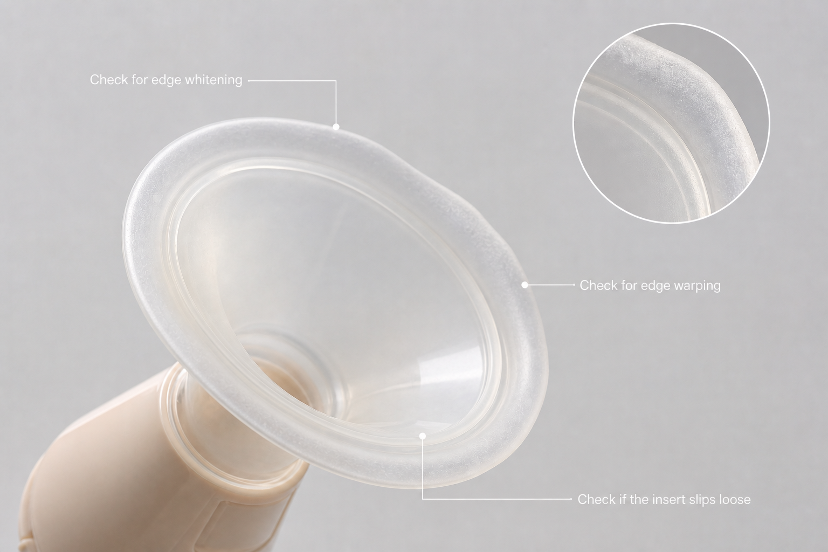Close-up of eufy breast pump flange and silicone insert with checkpoints for edge whitening, warping and loose insert