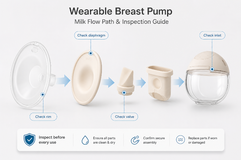 eufy wearable breast pump milk flow path diagram with key inspection points for leak troubleshooting