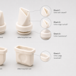 Intact and worn duckbill valves and breast pump membranes compared under a bright light