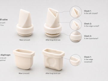 Intact and worn duckbill valves and breast pump membranes compared under a bright light