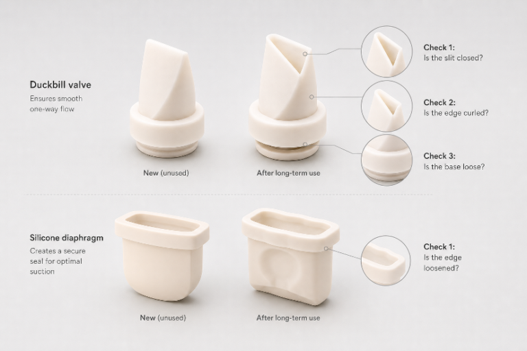 Intact and worn duckbill valves and breast pump membranes compared under a bright light